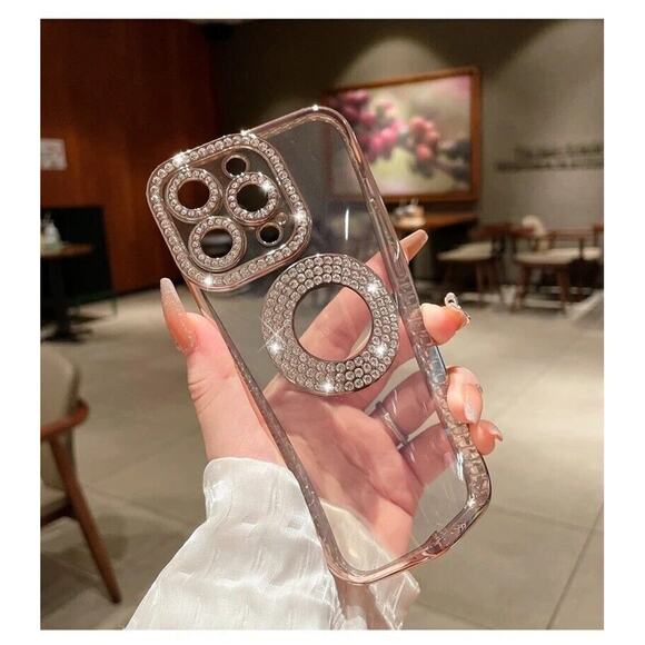 Luxury Diamond Rhinestone Crystal Bling Transparent iPhone Case 13 Pro Pink - Picture 2 of 6